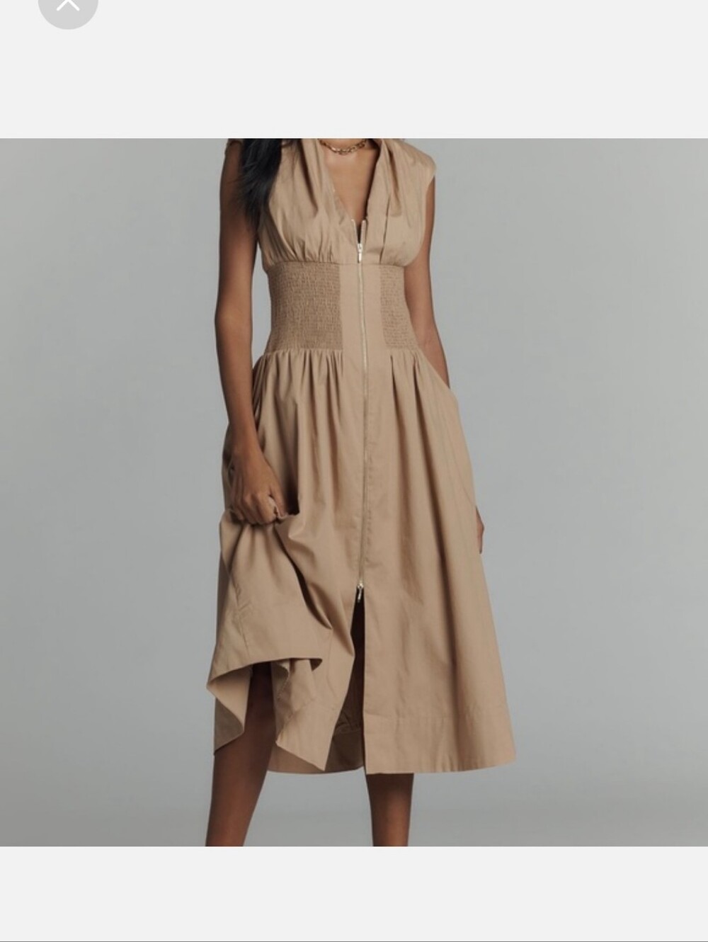 NWT Anthropologie Tommie Neutral Beige Zip-Front Midi Dress with Smocked Waist
